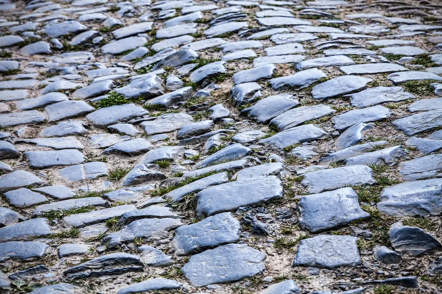 Adoquinado de piedra visto de cerca, con las juntas rellenas de arena y hierba creciendo entre las piezas.