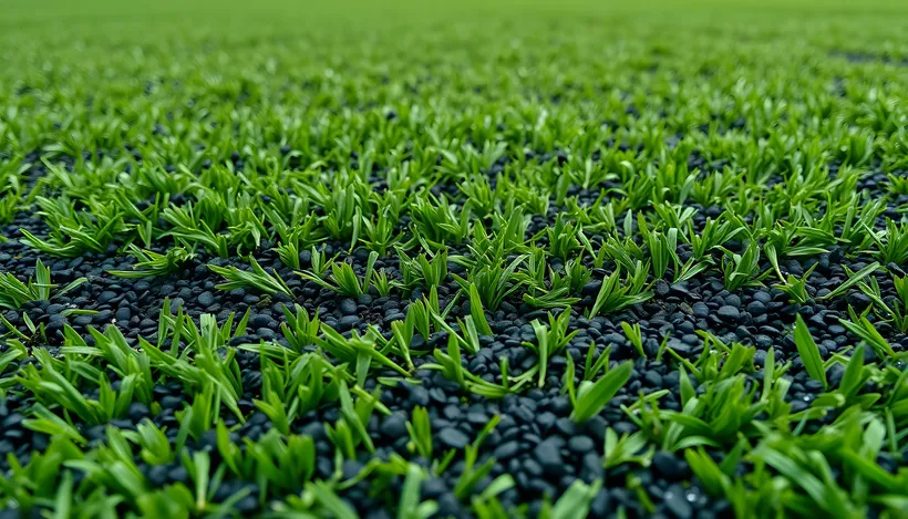Fibras de césped artificial verde de cerca, con granos de caucho negro sueltos entre ellas cubriendo el suelo.