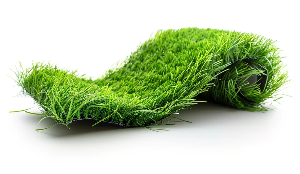 Rollo de césped artificial medio desenrollado: las fibras verdes cosidas por encima y la tela negra de la base a la vista por el canto.