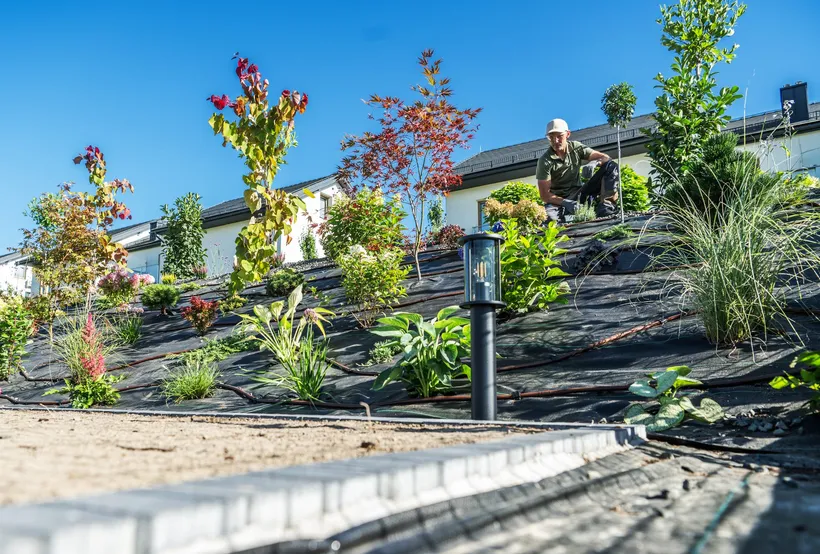 Un talud recién plantado y cubierto de malla, con varias líneas de goteo marrones que lo cruzan a distintas alturas y un jardinero revisando las plantas arriba.